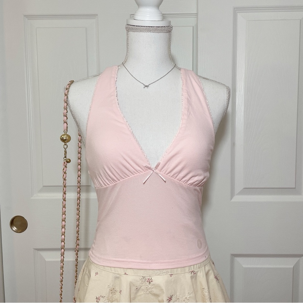 Pink halter top with lace detailing and ribbon